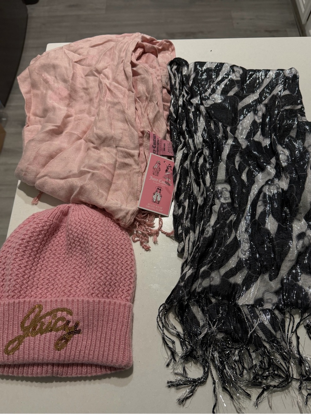 Juicy Couture Pink Knit Beanie & Pink Scarves